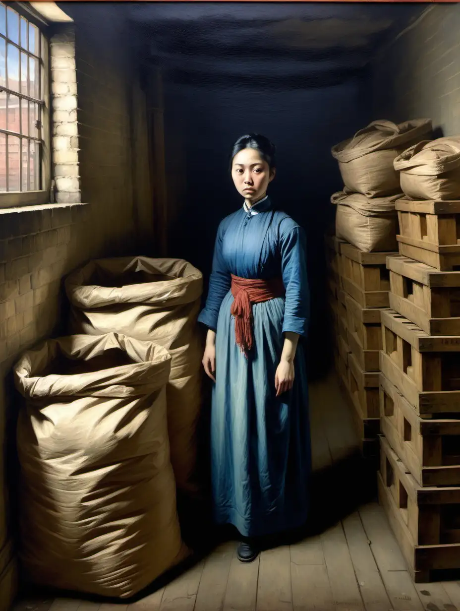 Victorian painting, a poor storage room interior in Limehouse, with many sacks and crates, in the foreground a young Chinese woman stands facing us, she is pretty but her stare is impassive, dim blue tinged light, the human figure is detailed but with broad impasto strokes elsewhere, social realism