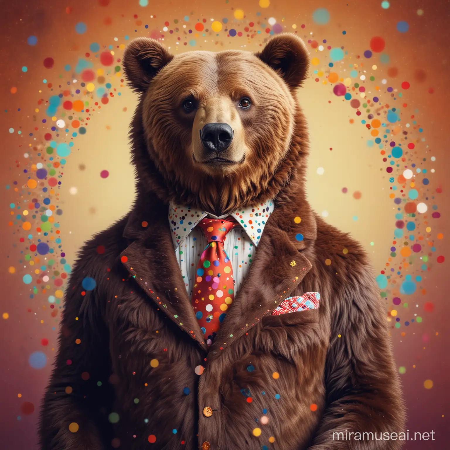 the bear with colorful dots, realistic, f12 aperature photo, dressed formally, colorful ornate background, in the quirky graphic style of Wes Anderson, text, blur