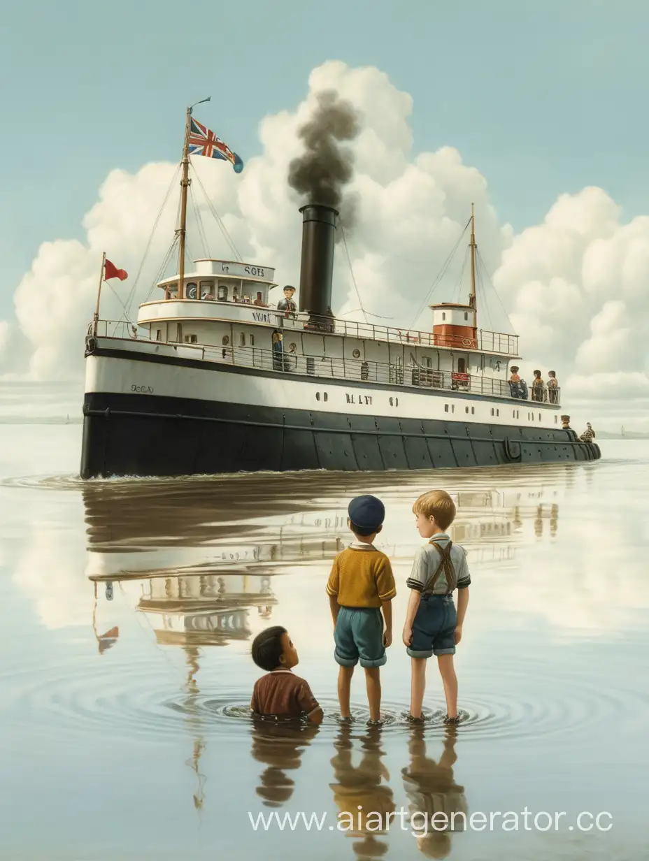 Boys-Wading-in-Water-Watching-Tiny-Steamship