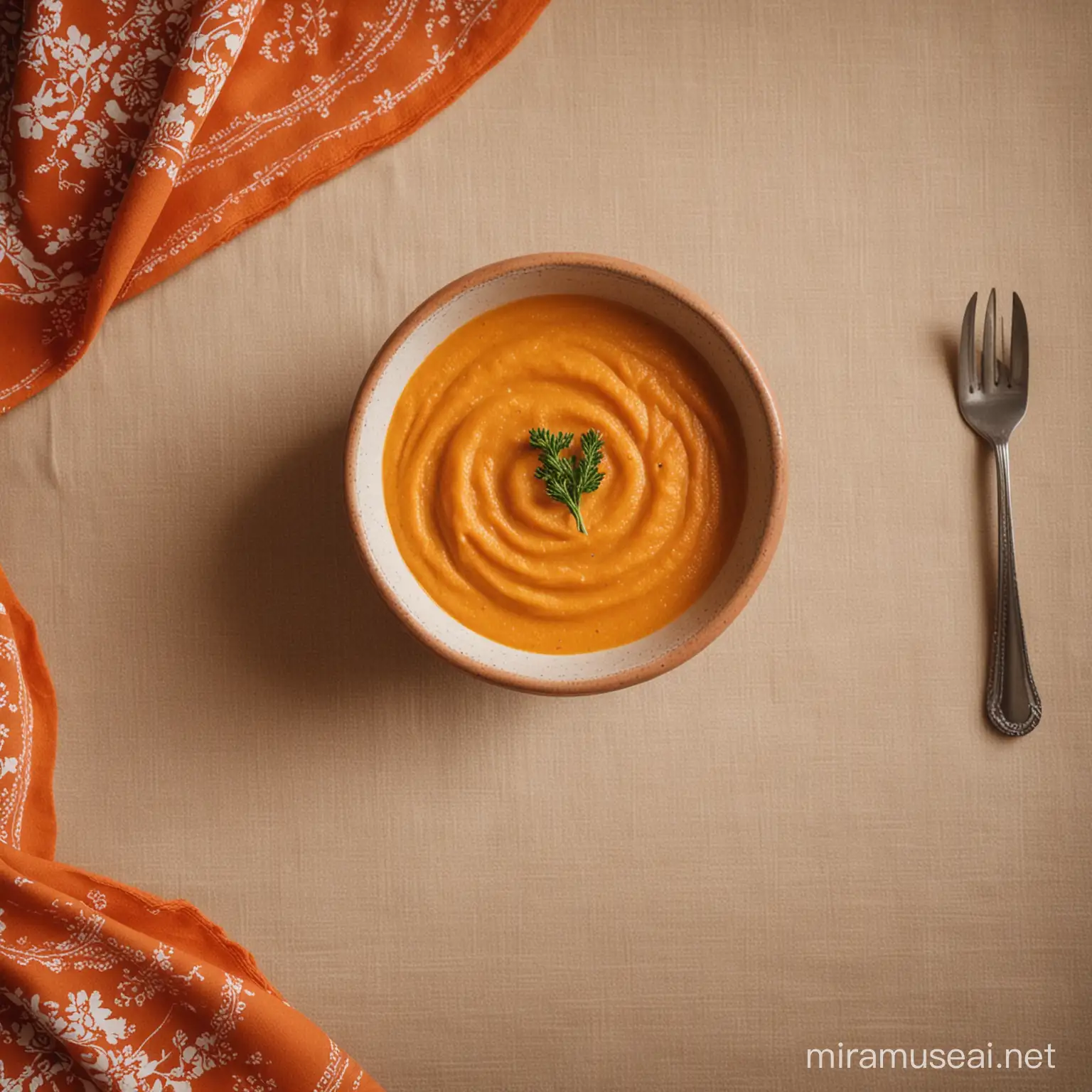 carrot puree in a bowl on a table with a fancy tablecloth