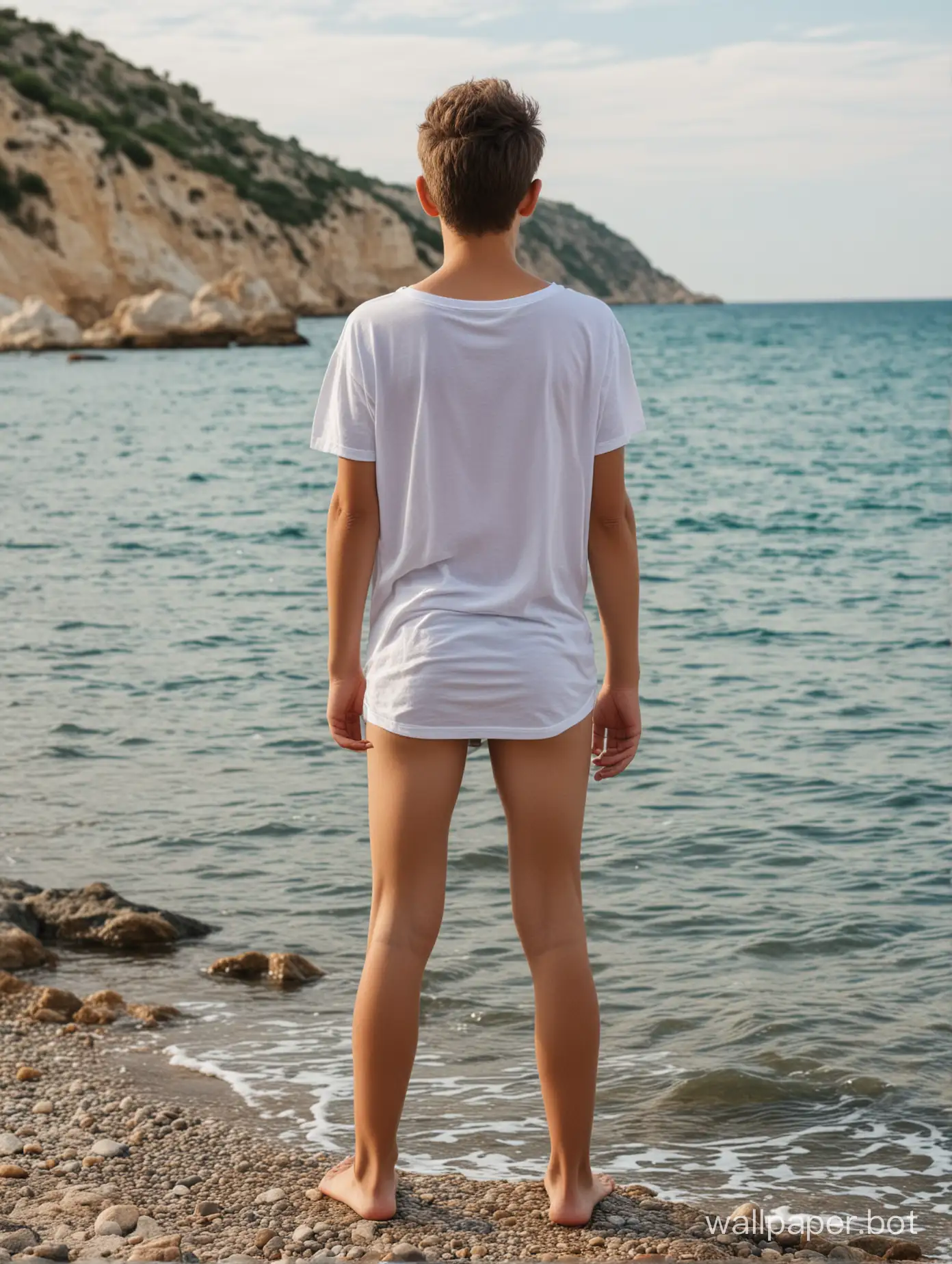 голый мальчик 13 лет в одной футболке в Крыму у моря, вид сзади, в полный рост, динамичные позы, люди рядом, голый мальчик