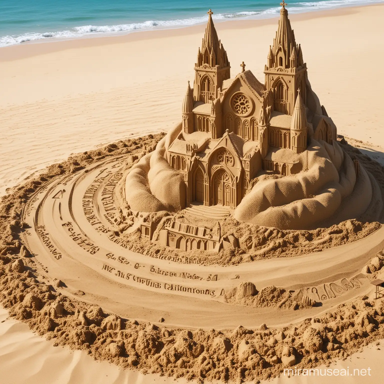 create a church 3D beach Sand sculpture,beach background,Ultra HD photography quality