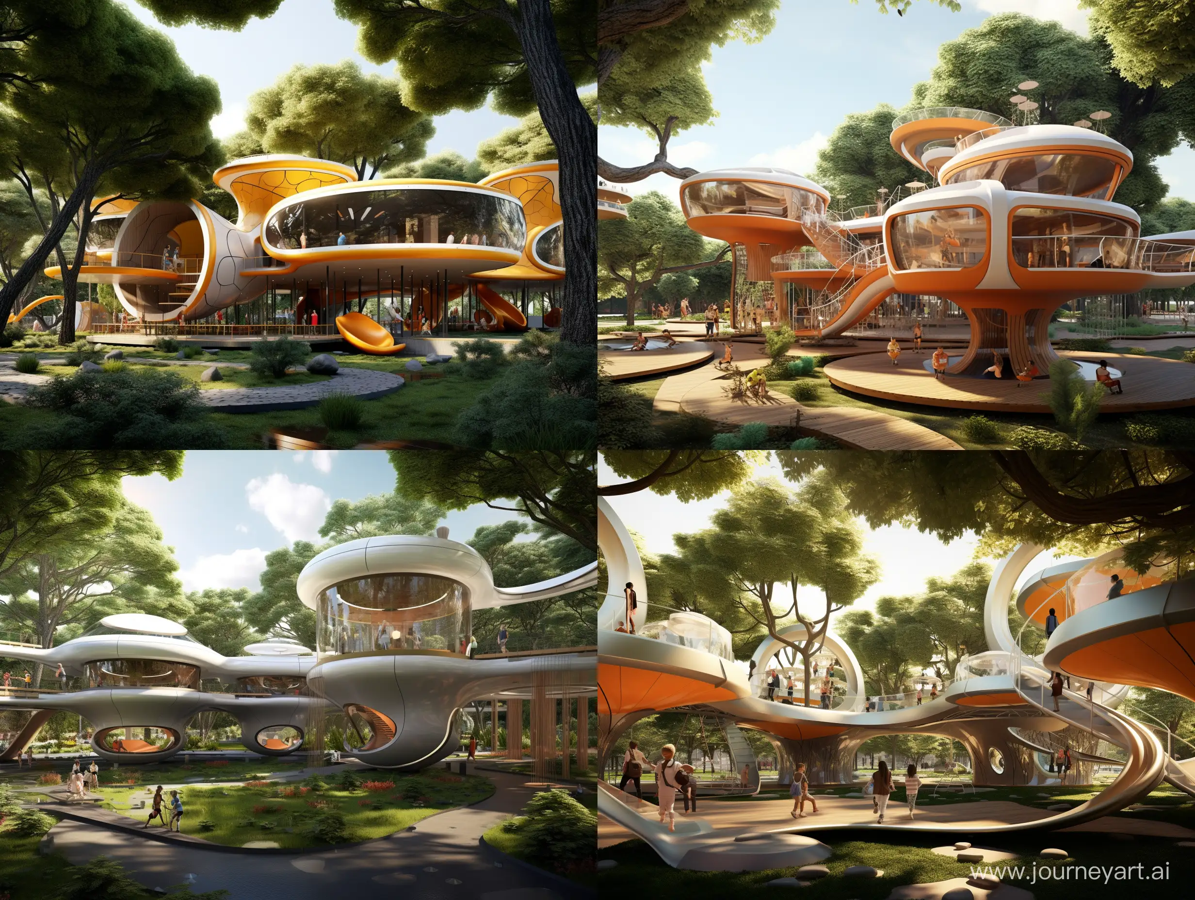 futuristic playarea for children between the trees with floating roof