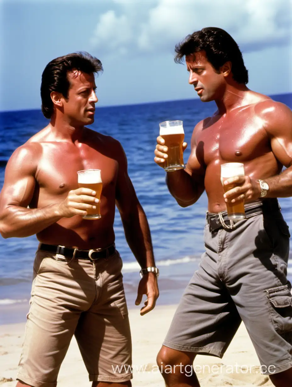 молодой бРЮС УИЛЛИС И молодой сИЛЬВЕСТР Сталоне пьют пиво на гавайях на пляжу