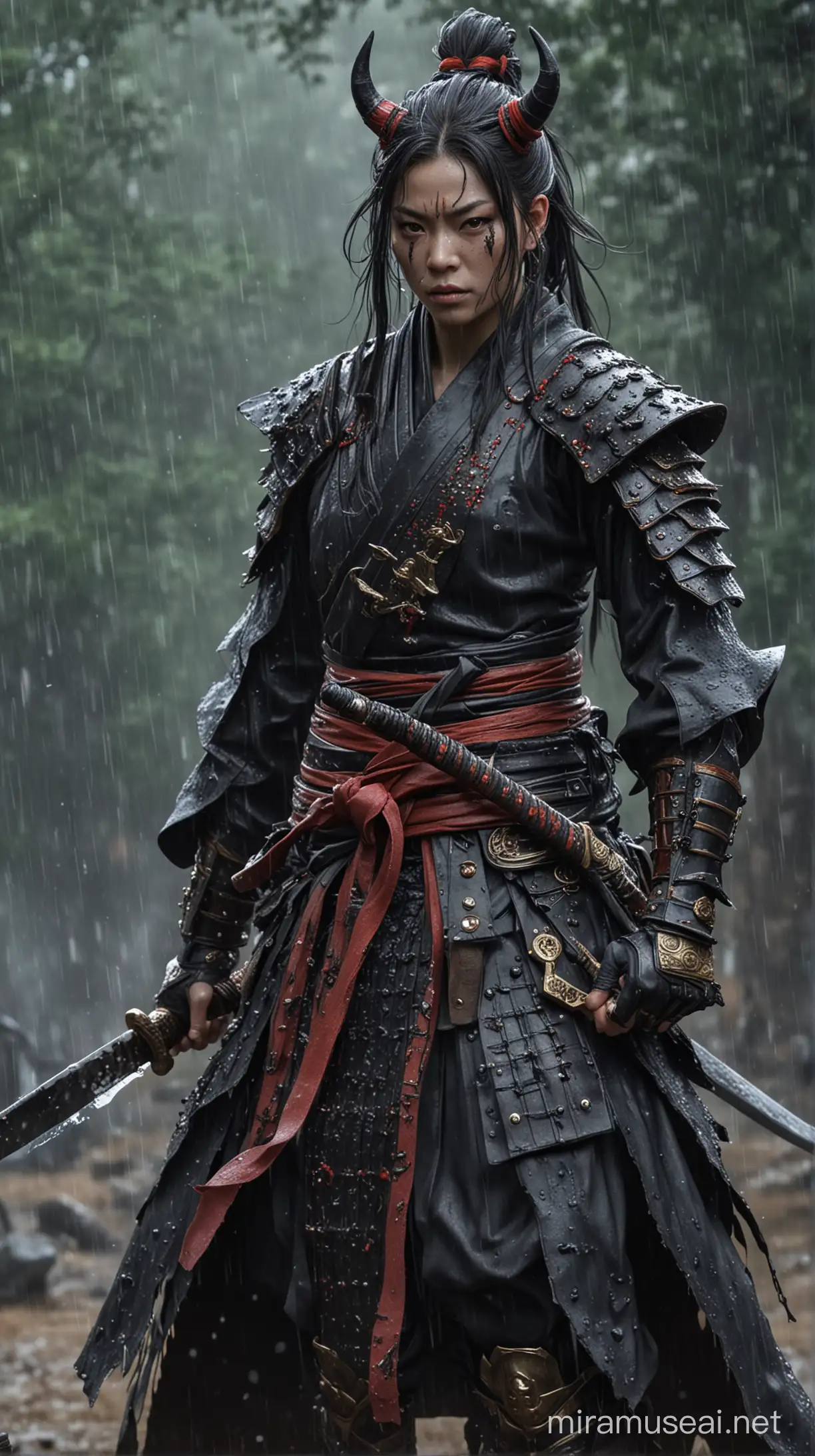 (a lot details), (master peace),oni samurai,((( oni))), ((on the battlefield)), rain, dirty style, holding his catana, dark fantasy, chaos warrior, archeon, absurdly detailed, chaos sorcerer, <lora:ArmorFusion:0.6>, armor, armor, samurai, Samurai girl, derpd, derpd, chaos warrior