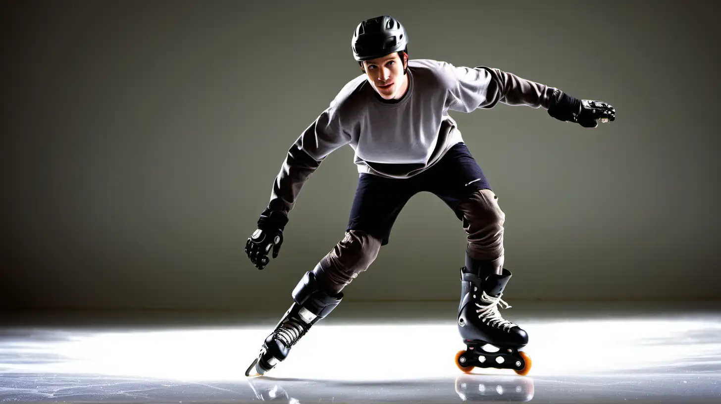 Subject Orientation and Dynamics:

The subject, a young male, is directly facing the camera while rollerblading towards it. His body is positioned centrally, with a slight forward lean to convey motion.
Arms are positioned naturally at his sides, slightly raised for balance. Legs are in an active rollerblading stance, one foot slightly ahead of the other, capturing the essence of forward movement.
Lighting and Shadow:

The subject is evenly lit from the front, suggesting a frontal light source, creating minimal shadows behind him. This allows for versatile integration into various lighting setups of the background.
Soft shadows under the skates and around the feet should match the lighting direction of the background scene.