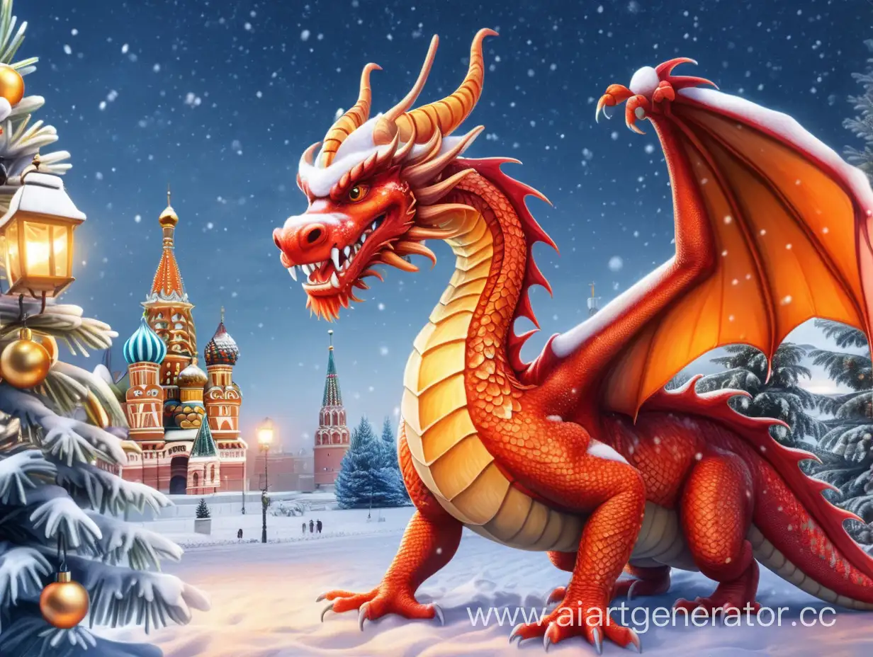 Red-Dragon-New-Year-2024-Celebration-in-Snowy-Russia-with-Mandarins-and-Christmas-Tree-Lights