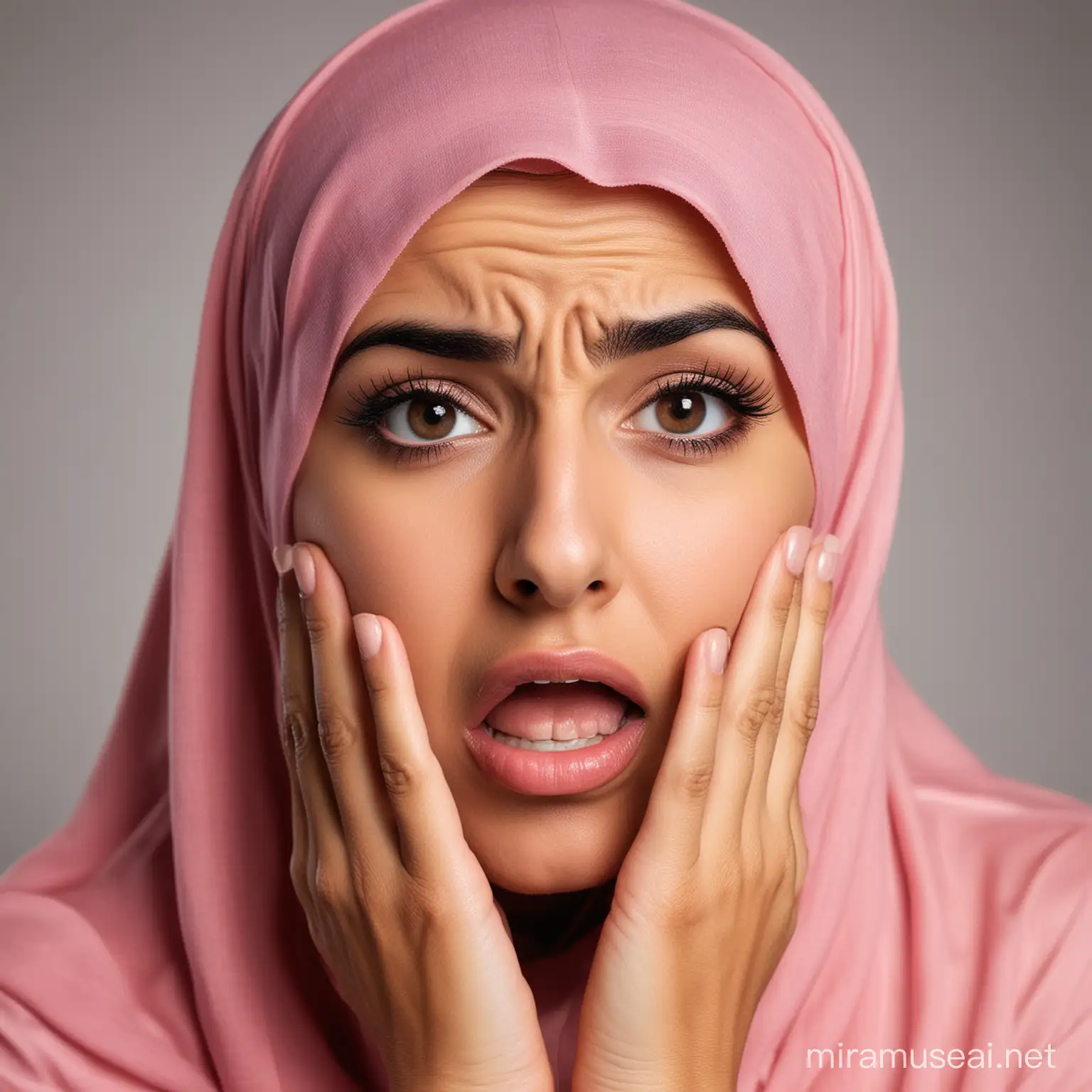 Surprised Arab Woman Holding Her Cheeks in Amazement