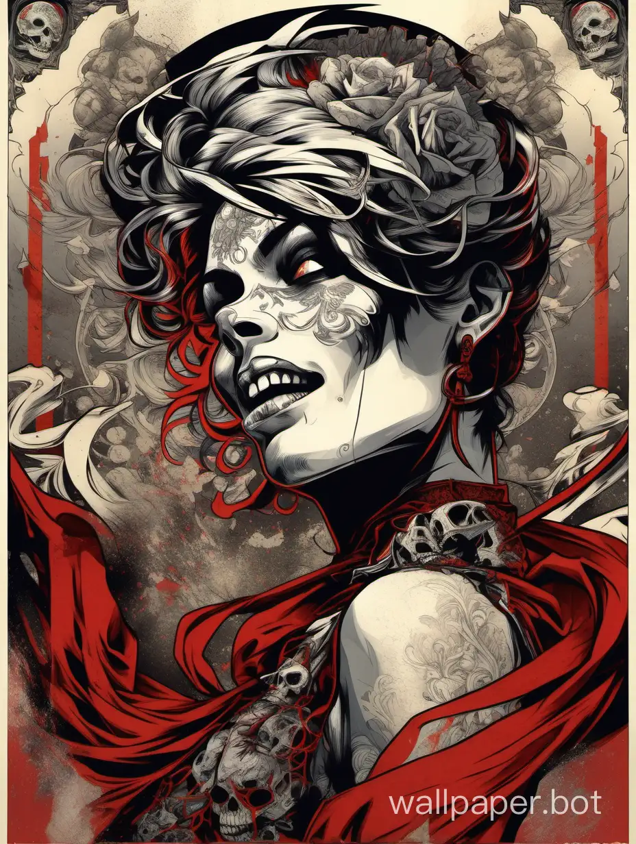 skull punk face,  odalisque, sexy smiling, chaos ornamental, short hair, darkness, explosive hairstyle, assymetrical, chinese poster, torn poster edge, alphonse mucha hiperdetailed, highcontrast, black, white, red, gray, dramatic tones, explosive dripping colors,