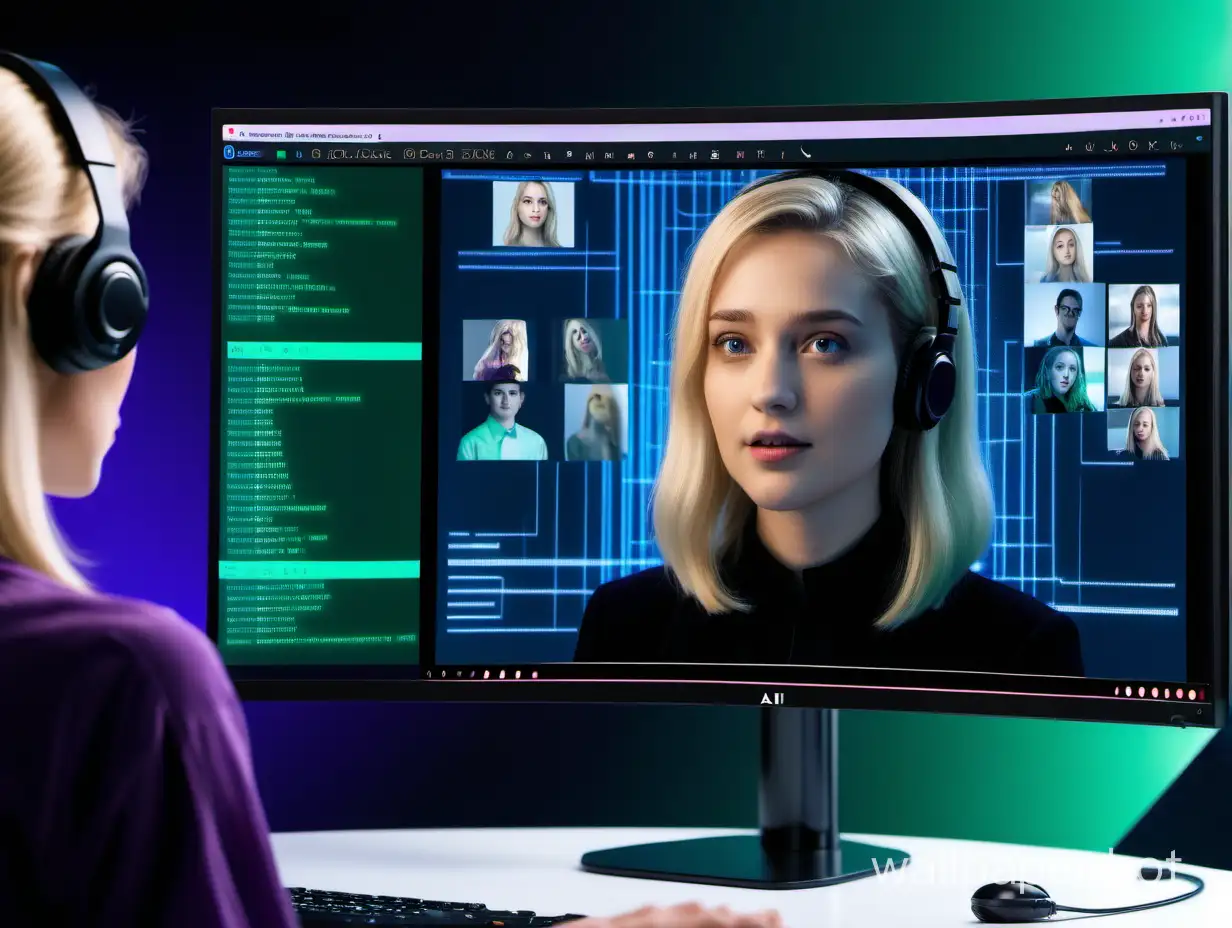 AI voice assistant, in the frame there is a woman programmer with blonde shoulder length hair facing monitor to left of screen, microphone, images on the screen, monitor is not large, colors black, green, blue, purple