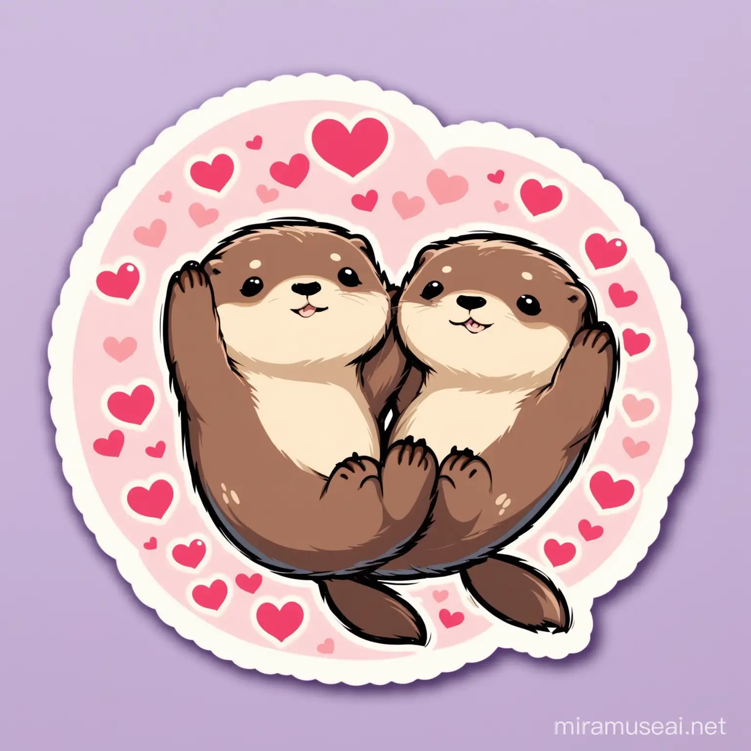 cartoon sticker Otter Love: A pair of otters floating on their backs, holding hands.