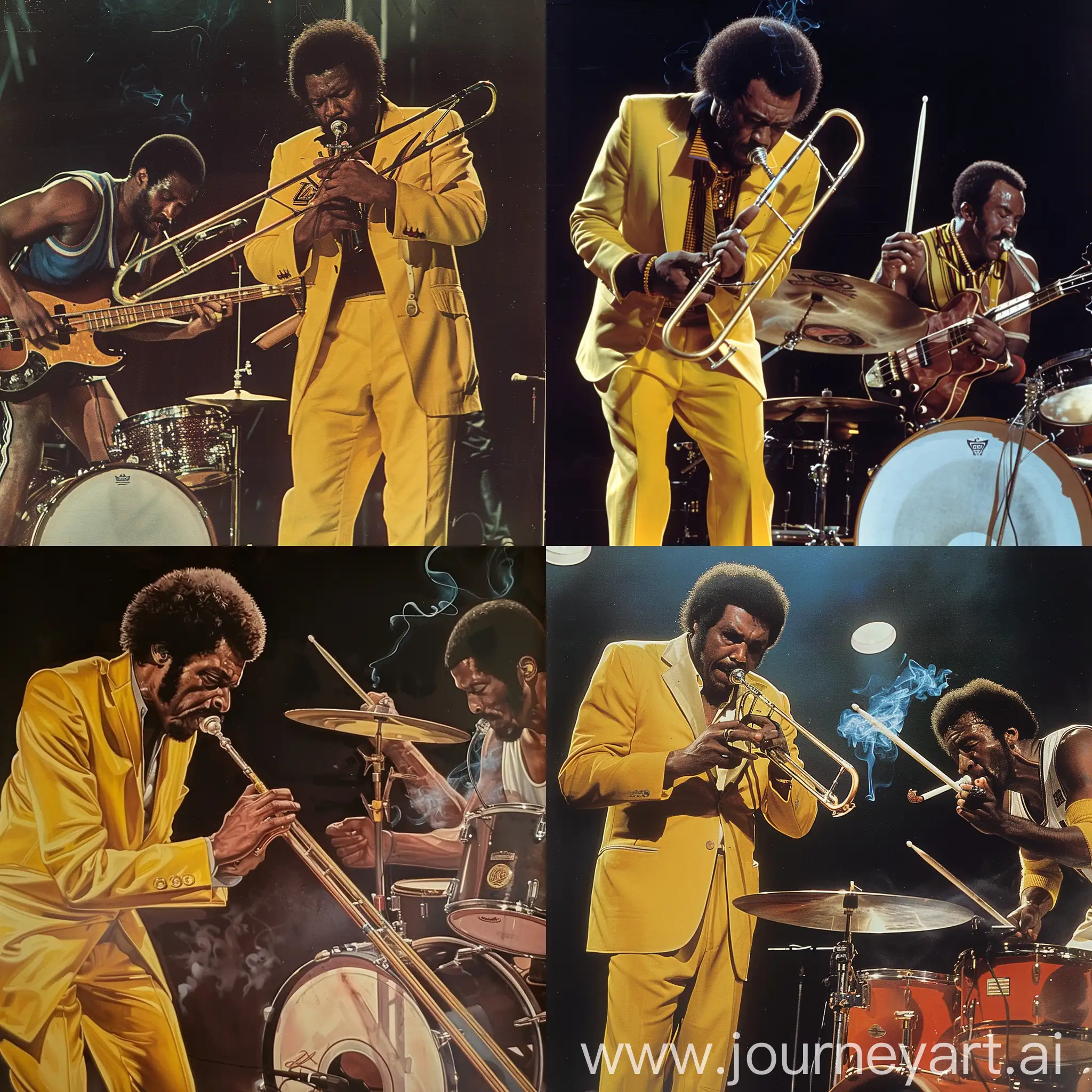 bruce lee is focused in his trombone playing.He is wearing a yellow suit. and near Karen Abdul Jabbar, the LA Lakers player, with his afro hair is wearing a smoking. He is playing a Fender precision bass
Cassius Clay is playing drums.