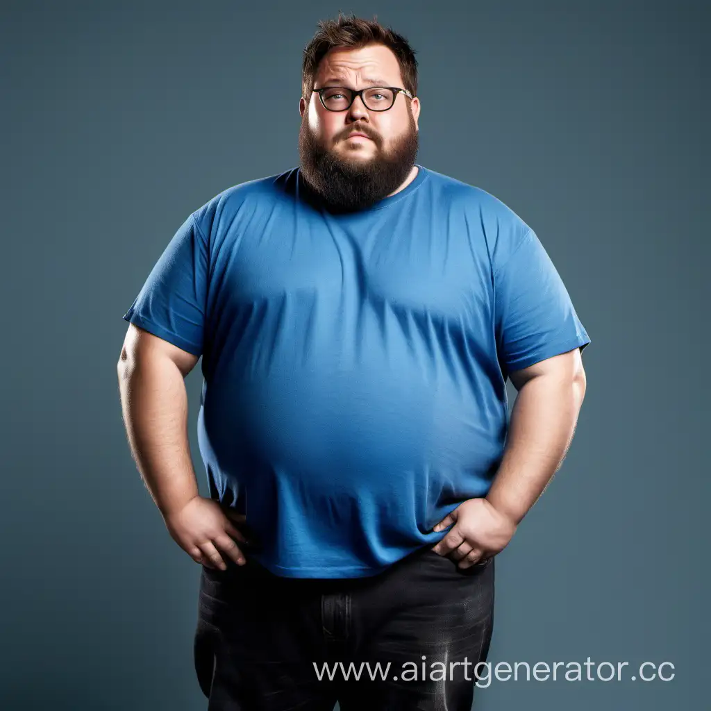Жирный потный мужик с очками у которого виднеется борода в синей футболке и в черных джинсах с короткой стрижкой 