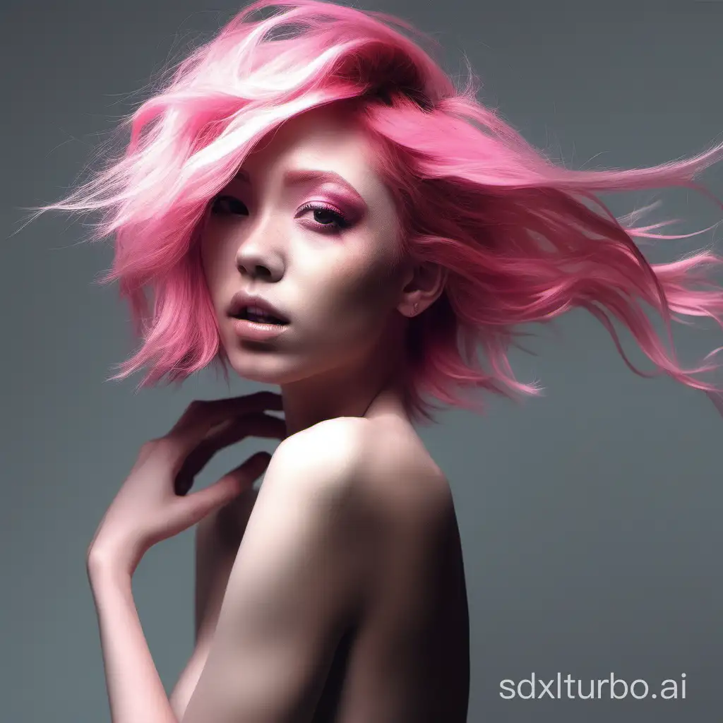 nude girl with pink hair，with sexy motion