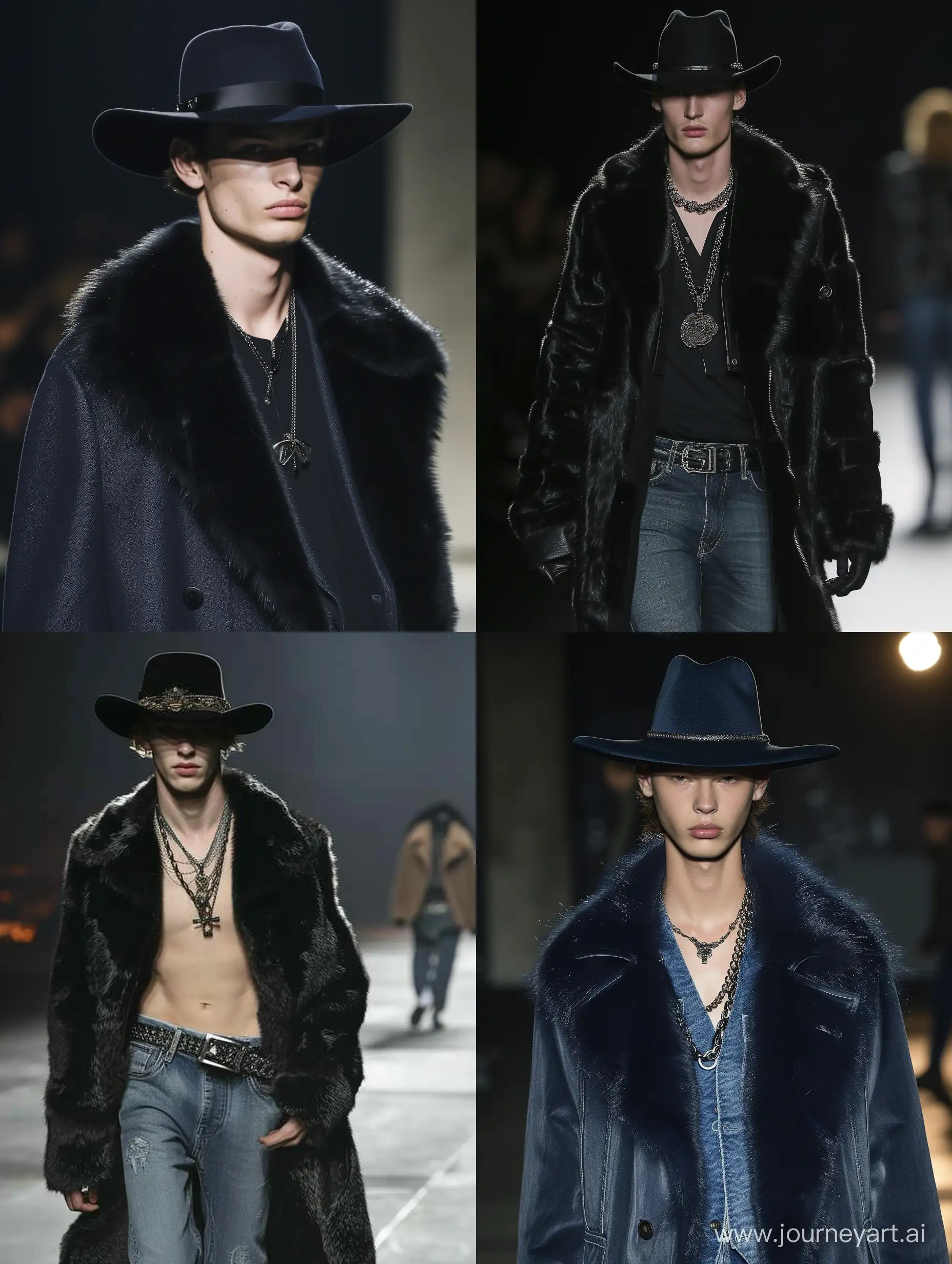 Male model handsome slim runway jeans coats vison mink jewerly hats