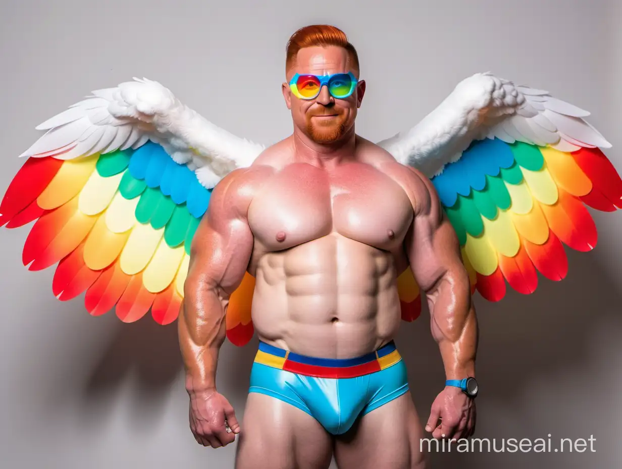 Studio Light Topless 40s Ultra Chunky Red Head Bodybuilder Daddy Wearing Multi-Highlighter Bright Rainbow Colored See Through huge Eagle Wings Shoulder Jacket short shorts and Flexing his Big Strong Arm Up with Doraemon Goggles on his forehead
