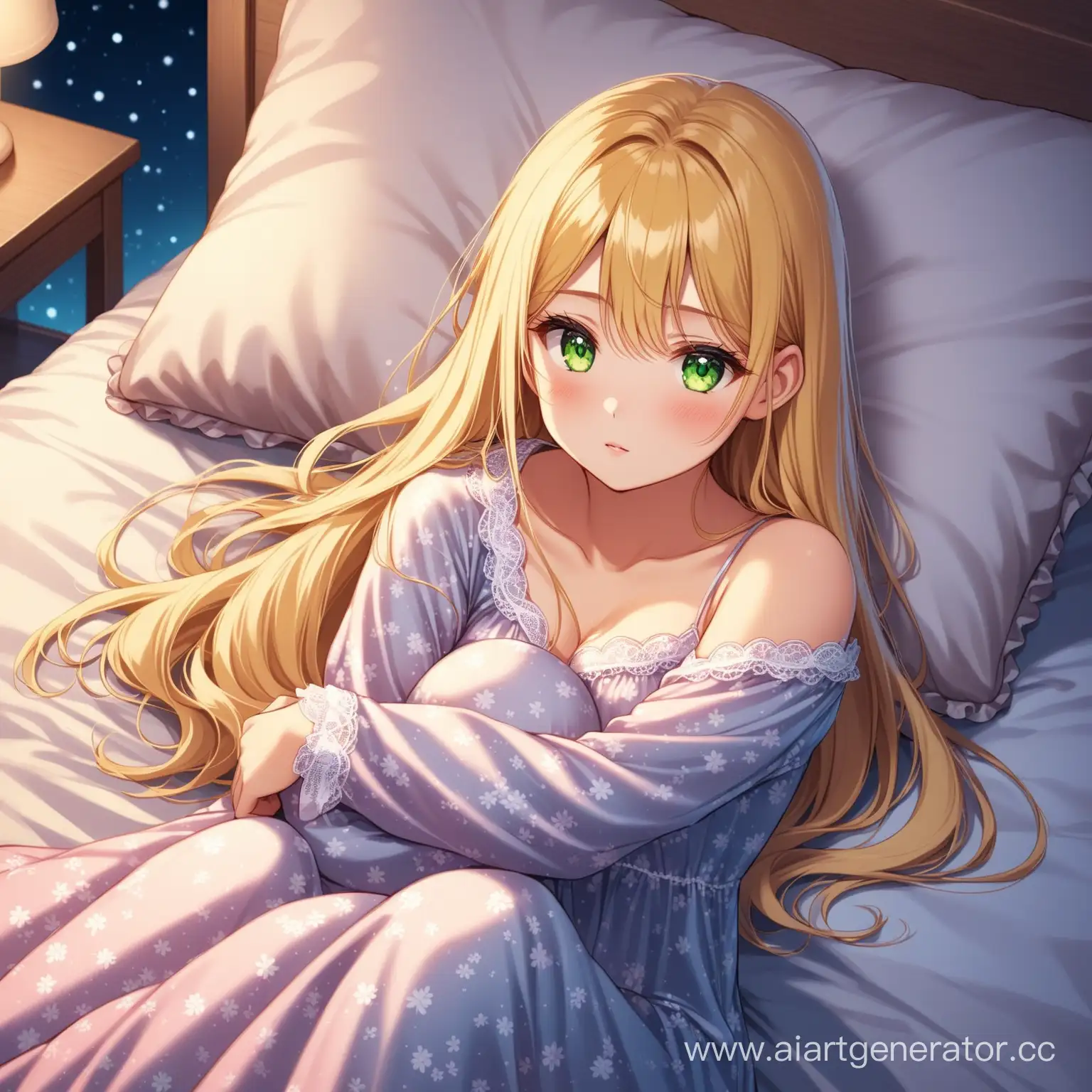 girl has a beautiful appearance, long blonde hair and big green eyes, she is dressed in a beautiful nightgown pajamas, She lies on the bed and hugs the pillow, the night atmosphere