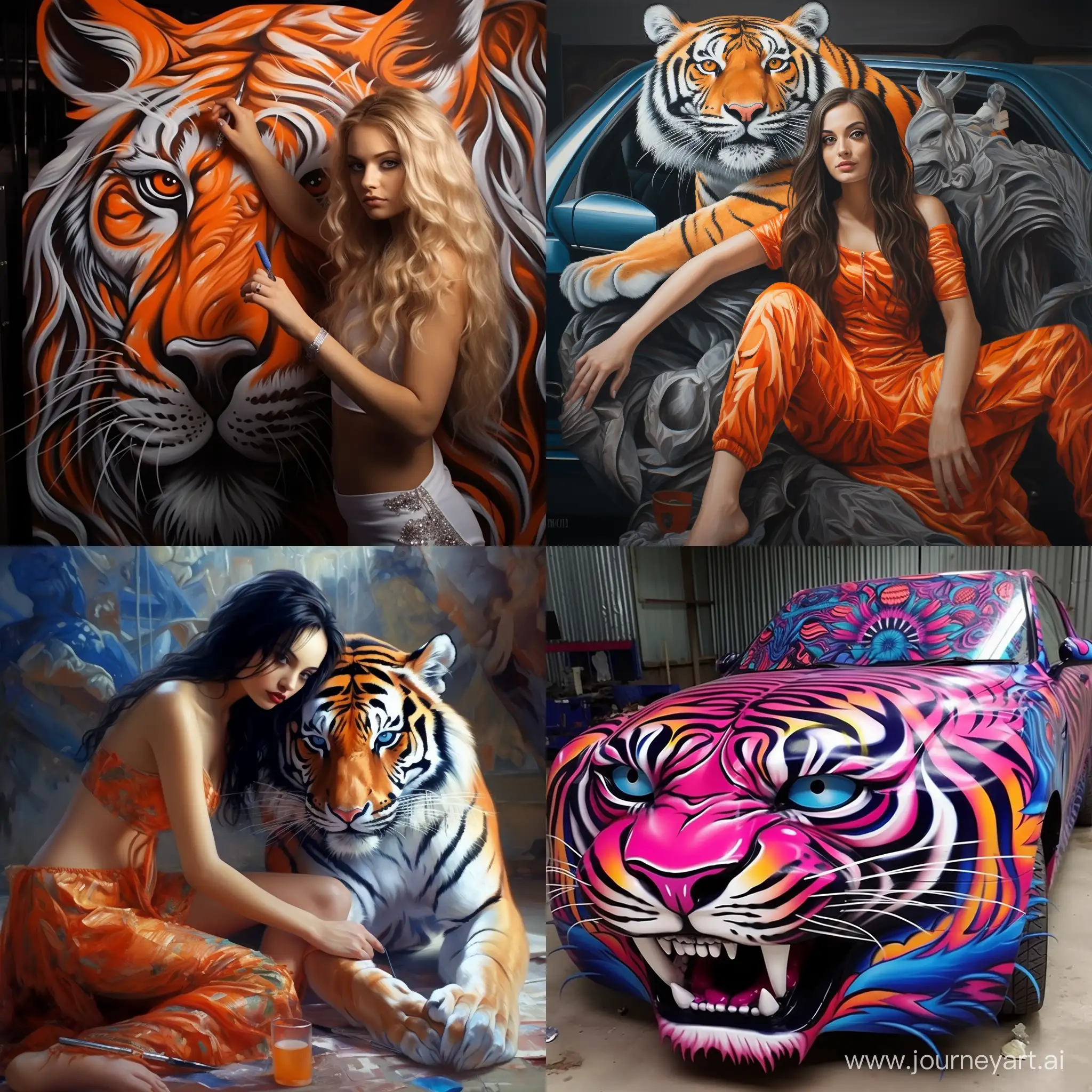 painting 11 tiger body, background wing mercedes,bmw, one chevrolet cobalt,   girls