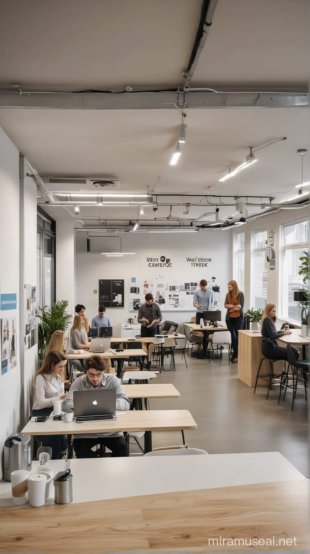 Diverse Professionals Working in a Modern CoWorking Space with Amenities