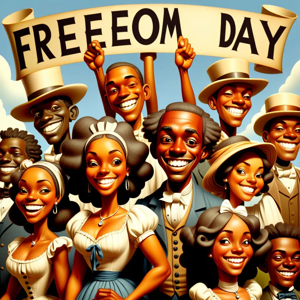 1800s cartoon style sign with Freedom Day on it African American people smiling