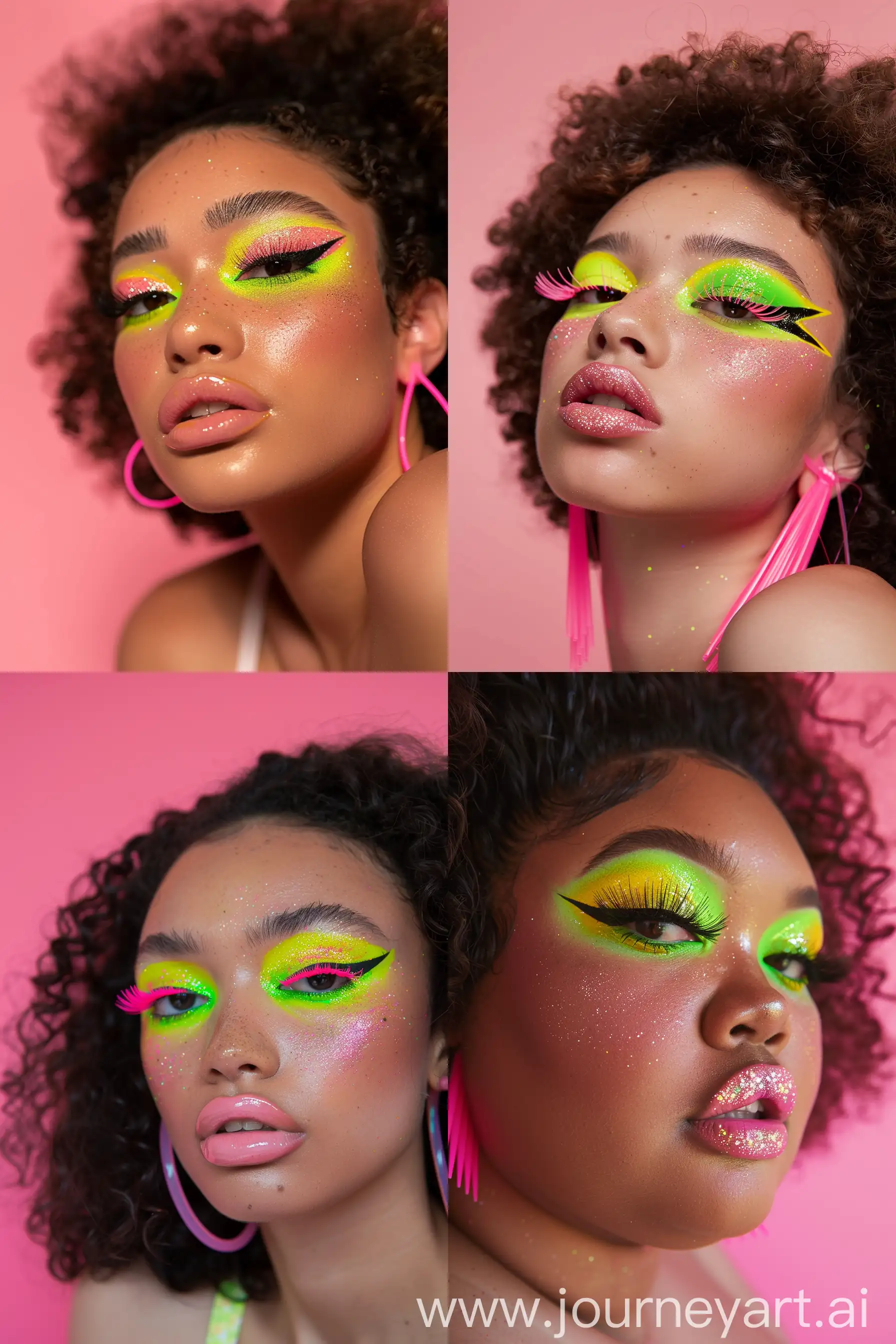 Real photo of curvy hair model with gorgeous bright neon green and yellow duotone eye makeup and thick black winged eyeliner, thick pink neon eyelashes, glitter pink lipstick, looking into the camera, wearing plastic earrings,solid pink color background --ar 2:3 --v 6.0