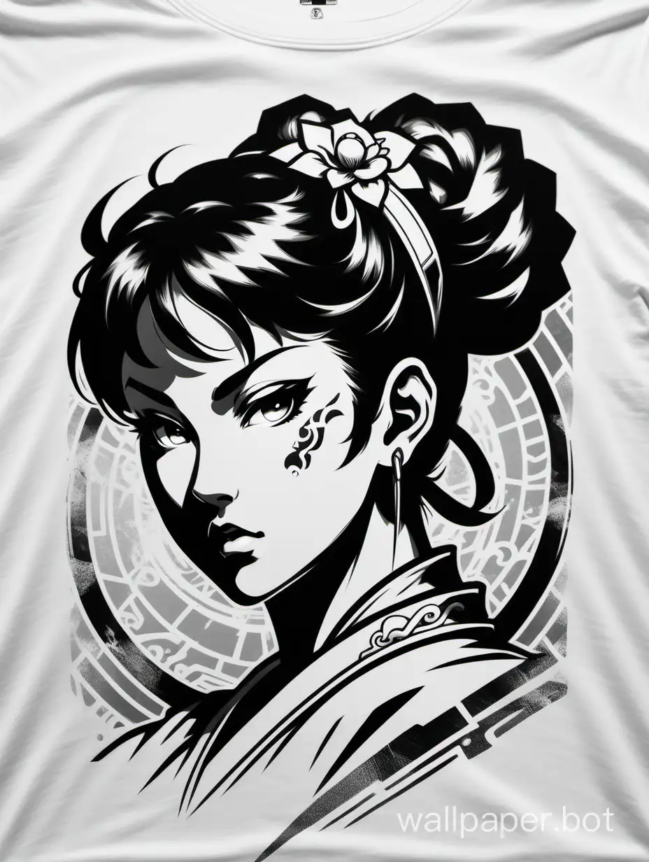 chun li face, masterpiece illustration, hipperdetailed,  stencil art, monochromatic Anime T-Shirt