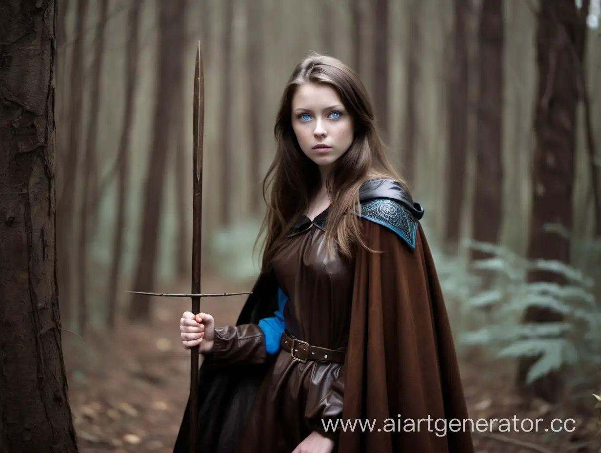 Enchanting-Warrior-Woman-with-Blue-Eyes-Brown-Hair-Leather-Cape-and-Spear-in-a-Mystical-Forest