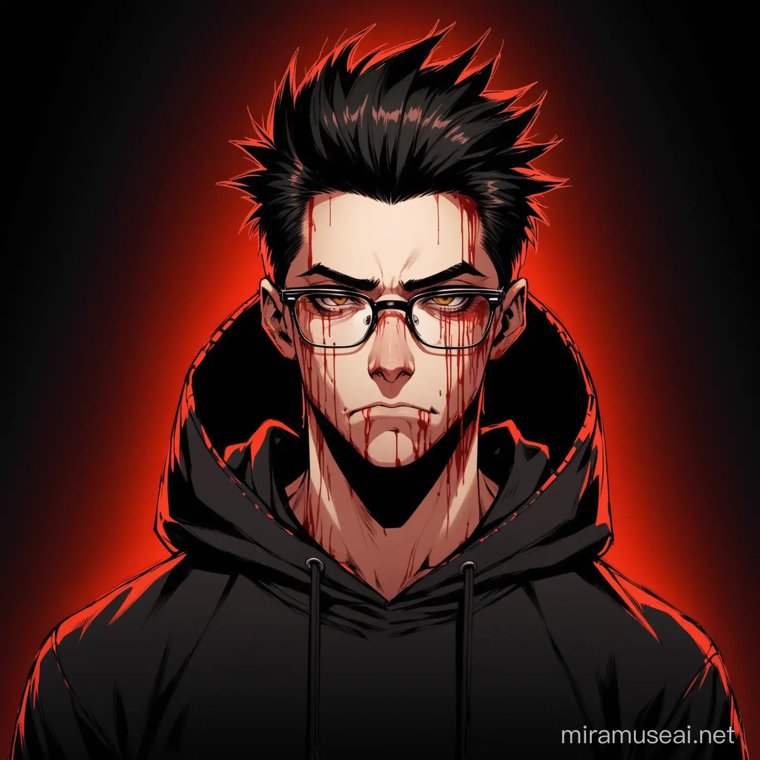 cool,hacker,quiff hairs,aesthetic,black hoodie,handsome,oblong face,big nose,small mouh,glasses,black background,psycho ,face in blood
