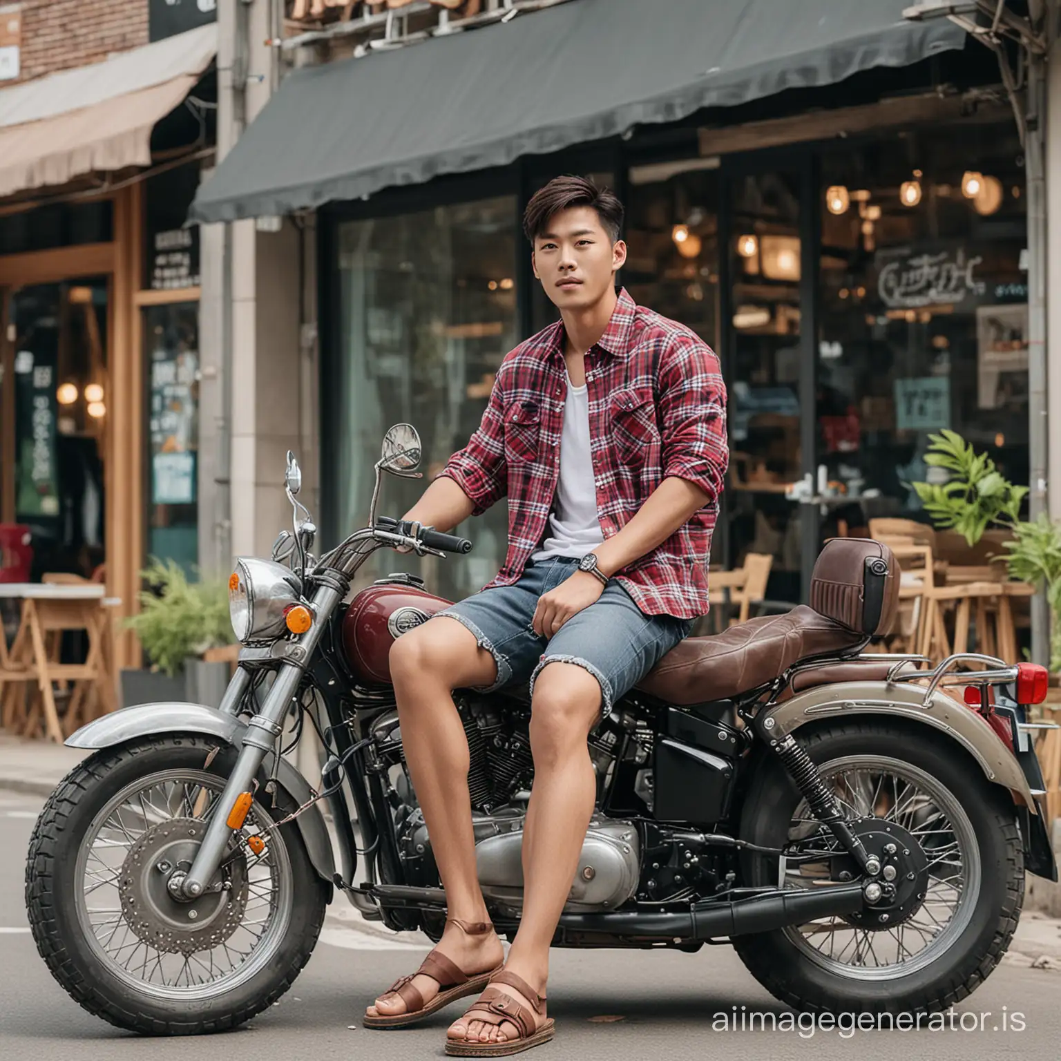 A handsome Asian Korean man wearing a flannel shirt paired with shorts and sandals sitting on a large motorcycle, in front of a cafe background