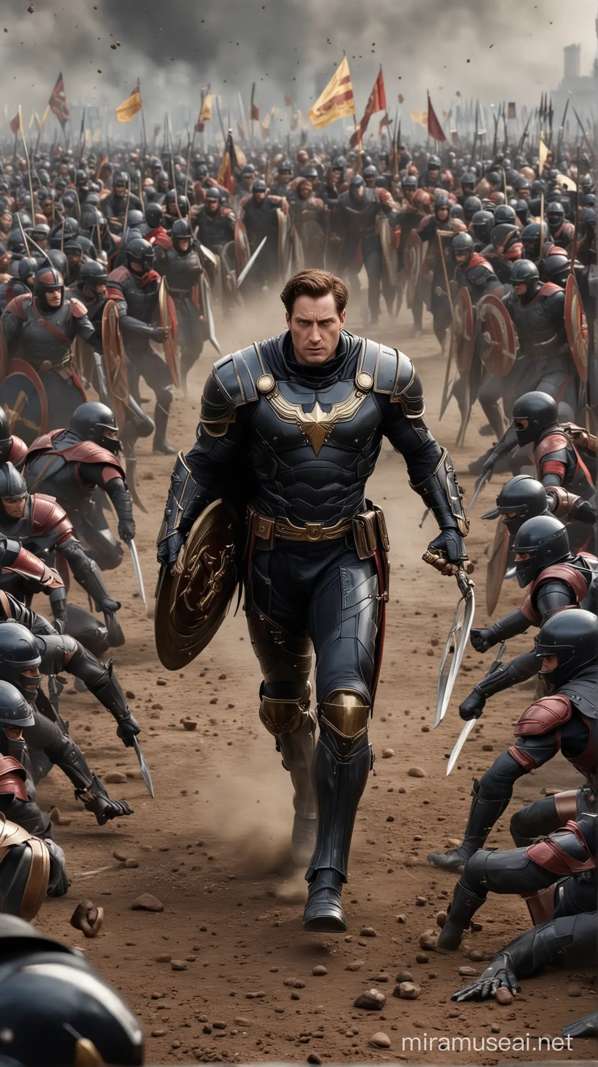 Scenes showing Alexander leading his armies into battle against numerically superior foes, emphasizing his confidence and fearlessness in the face of adversity. hyperrealistic