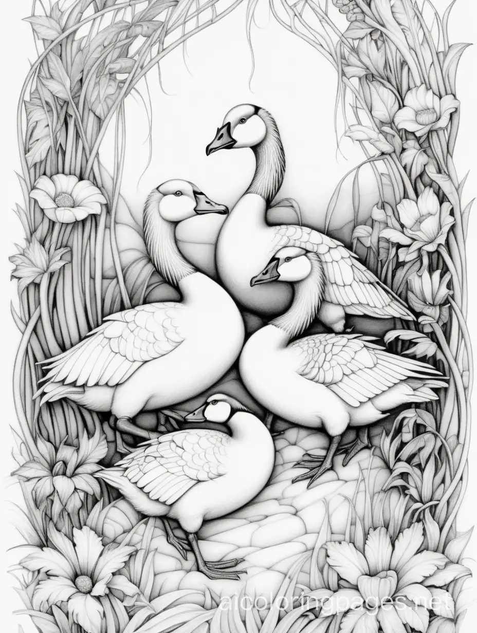 Geese ,extremely detailed, intricate, beautiful ,  Brian Froud, catherine abel , Yacek Yerka, Bernard Frize, Coloring Page, black and white, line art, white background, Simplicity, Ample White Space. The background of the coloring page is plain white to make it easy for young children to color within the lines. The outlines of all the subjects are easy to distinguish, making it simple for kids to color without too much difficulty