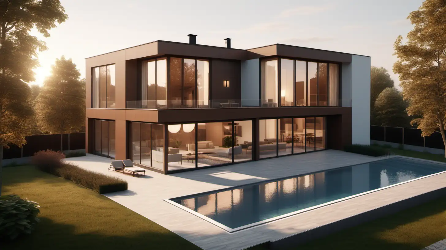 une maison moderne en matériaux composite marron style scandinave avec de grandes fenêtres et une piscine avec grand jardin, soleil levé, vue de drone, photoréaliste