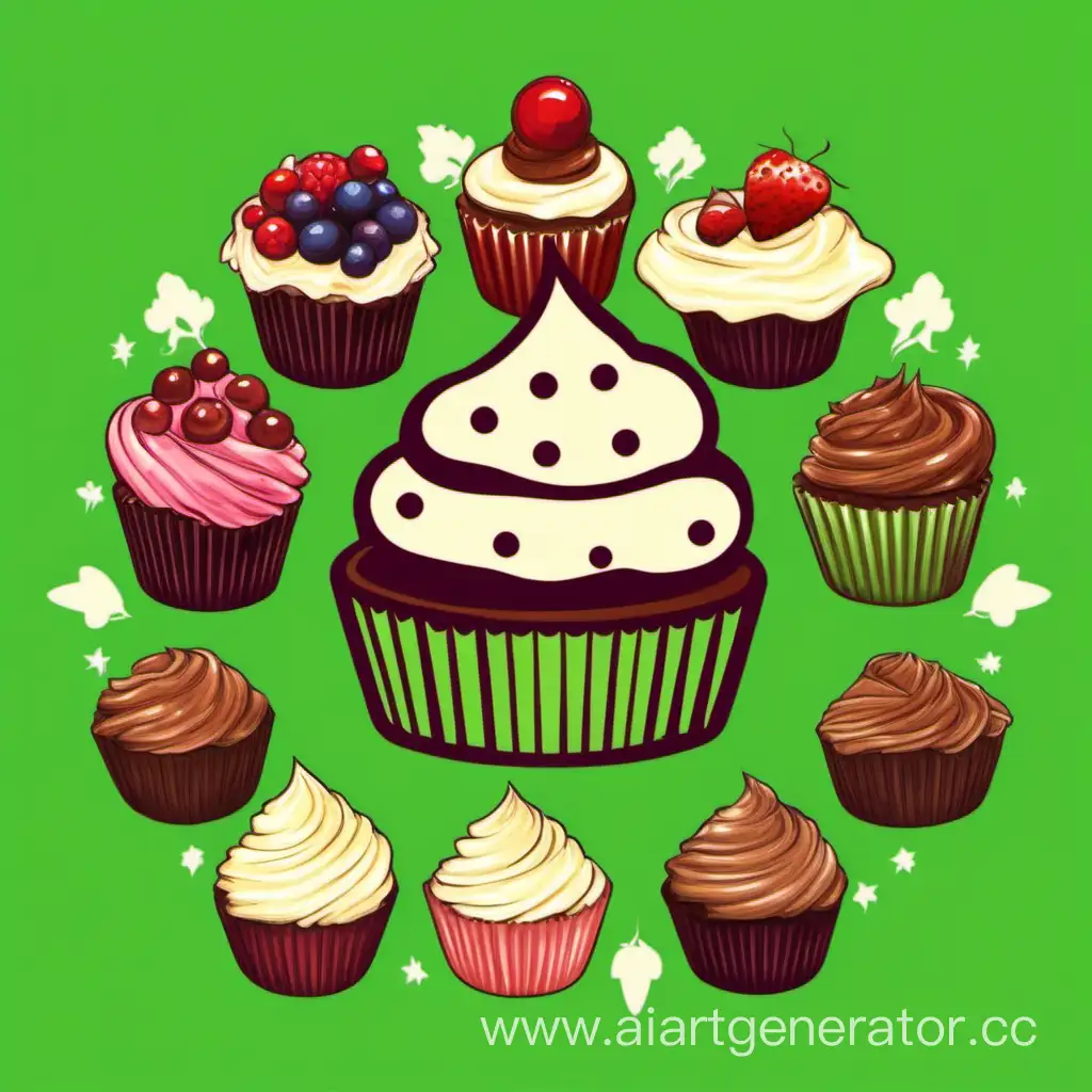 Delicious-Cupcakes-Cheesecakes-and-Brownies-Emblem-on-Green-Background