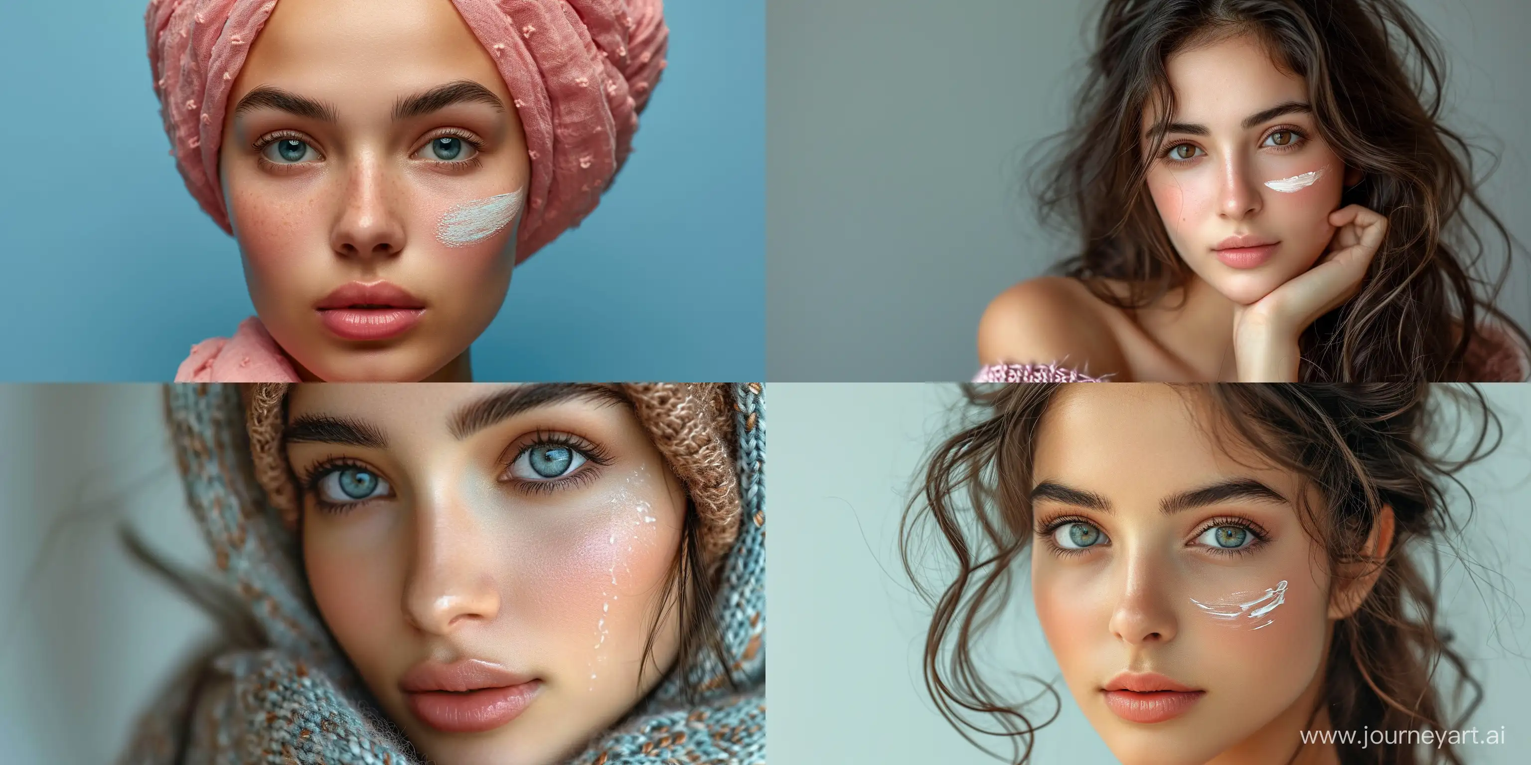 Average 19-year-old iranian girl, delicate makeup, use face craem, fashion model, empty space, hyper-realistic --ar 4:2 --style raw --s 750 --v 6.0 --seed 1677792313