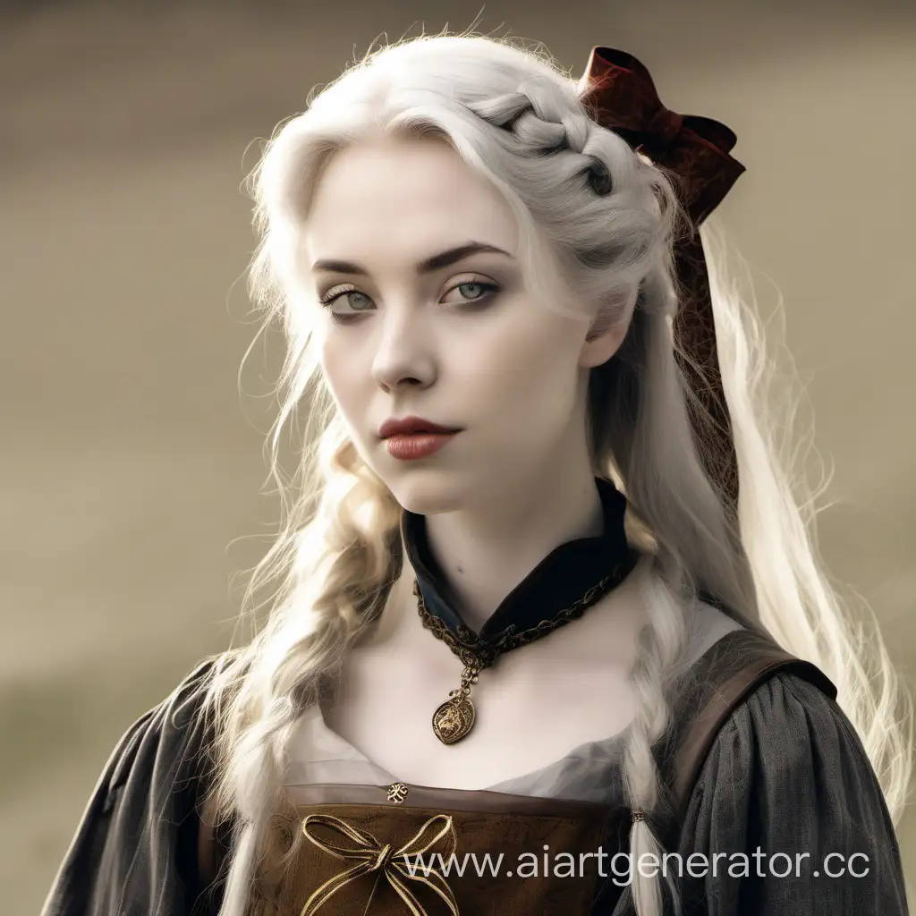 Женщина с бледной кожей пепельными волосами и луком в средневековой одежде 20 лет