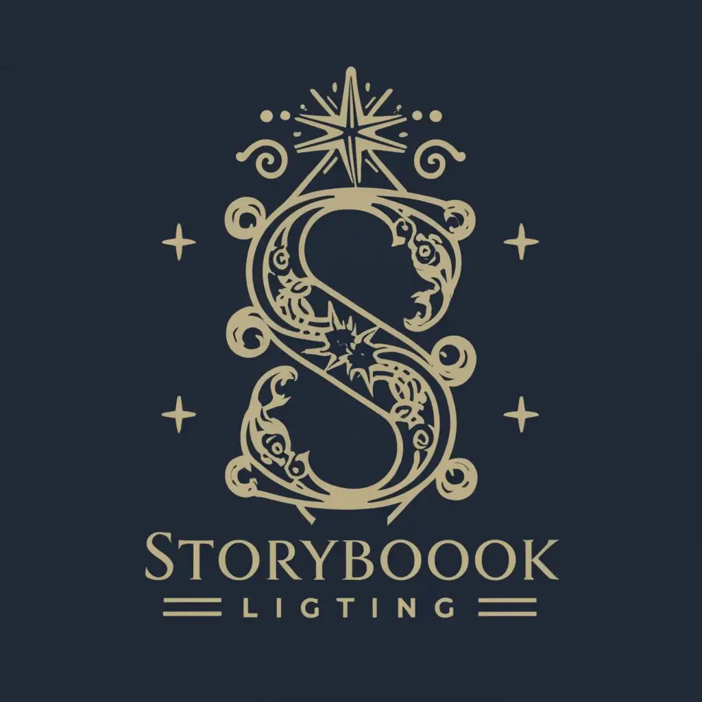 a logo design,with the text "Storybook Lighting", main symbol:The letter S as a historical initial, highly decorated with stars and a moon and other intricate details.,Moderate,clear background