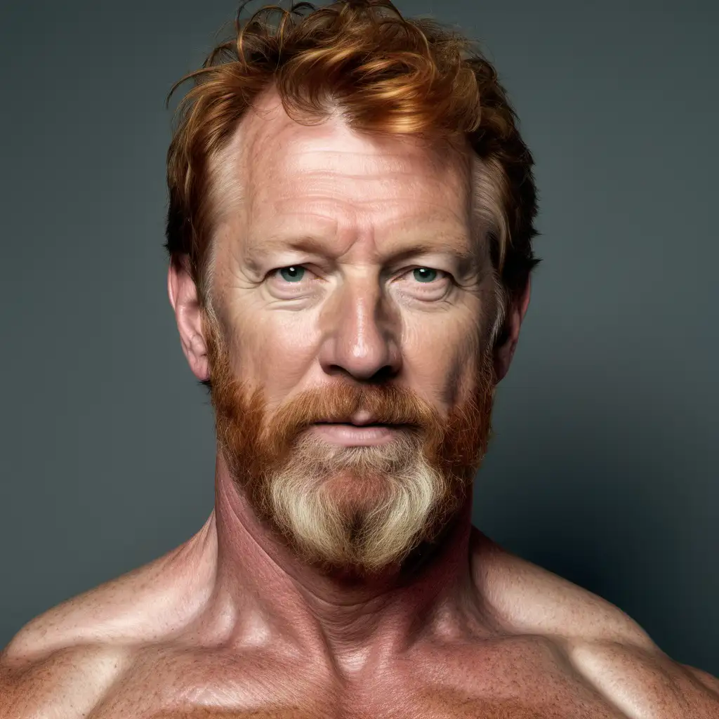 photograph of buff 50 year old white man with ginger beard and hair and hair chest