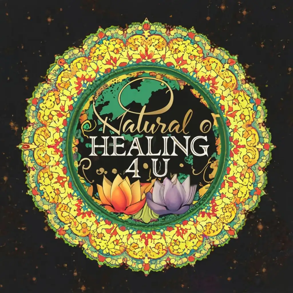 logo, World globe, Rainbow, lotus flowers, mandala,  Universe, with the text "Natural Healing 4 U", typography, be used in Beauty Spa industry,