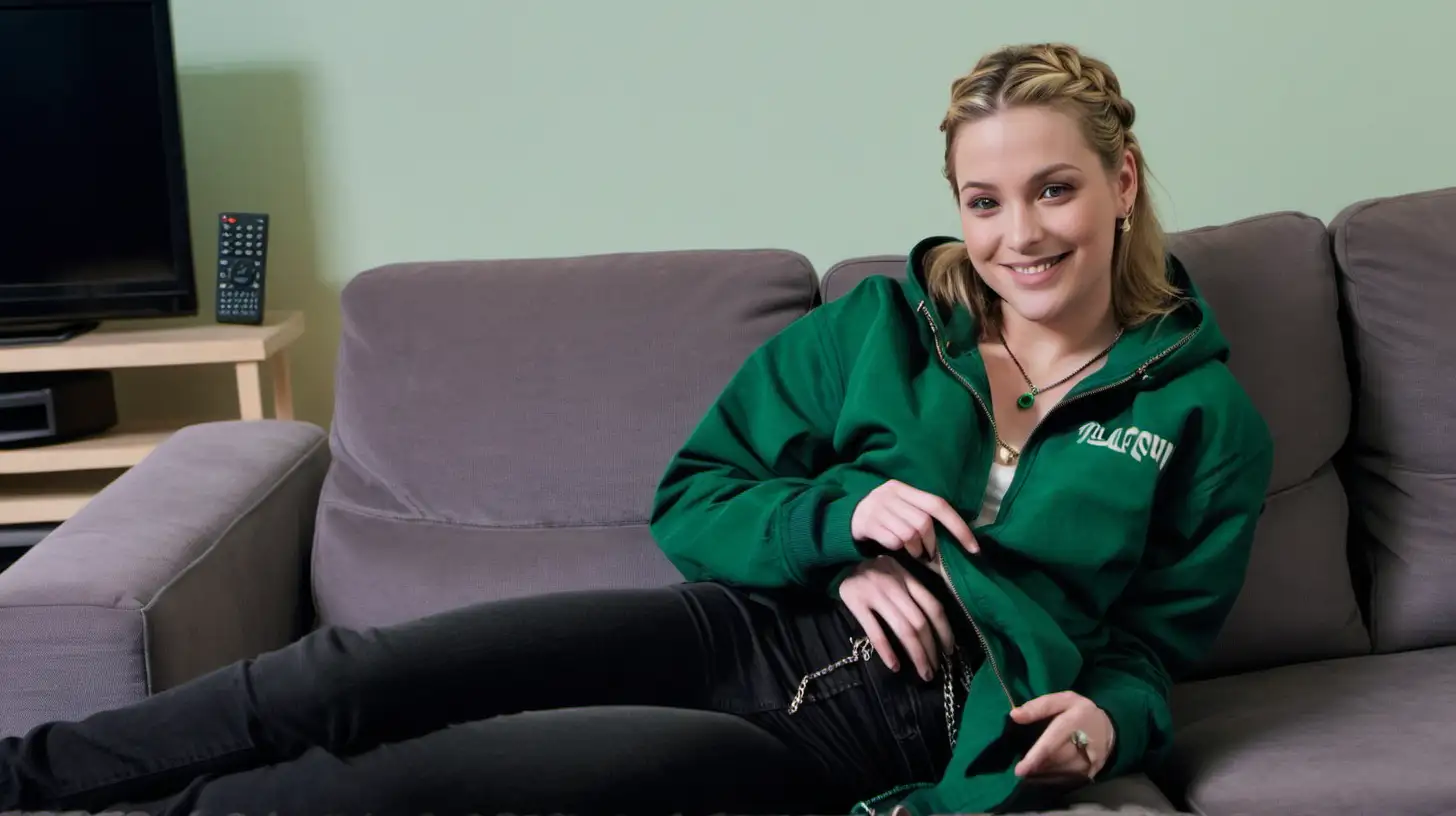 Smiling Woman in Stylish Dark Green Jacket Relaxing in Cozy Living Room