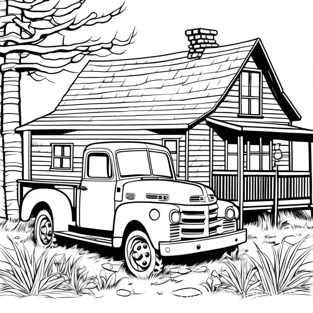 vintage truck in front of cabin
, Coloring Page, black and white, line art, white background, Simplicity, Ample White Space. The background of the coloring page is plain white to make it easy for young children to color within the lines. The outlines of all the subjects are easy to distinguish, making it simple for kids to color without too much difficulty