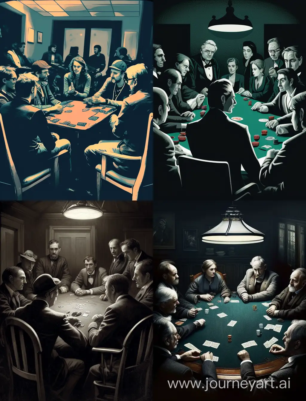 people playing poker in a card room with other players, with a hypnotist