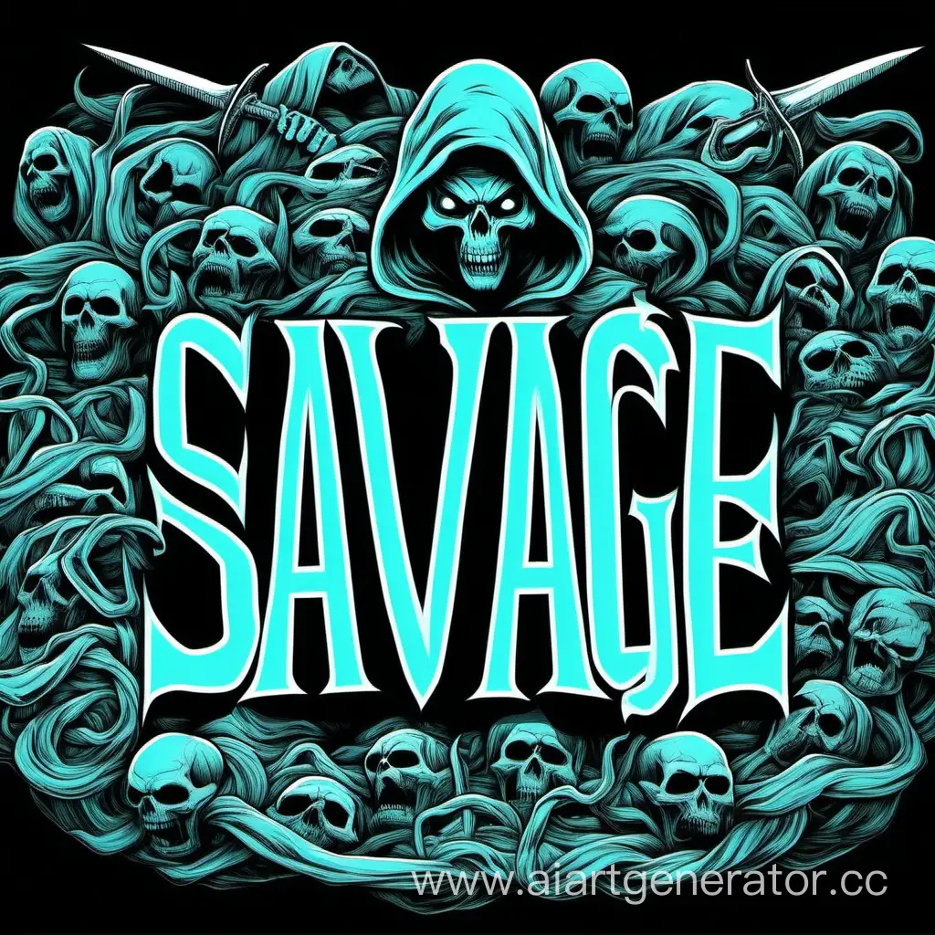 Draw a black background, in the middle draw the word “Savage” in voluminous cyan-colored letters, the letters should be illuminated from above, an ominous hood of death should be visible behind the word.