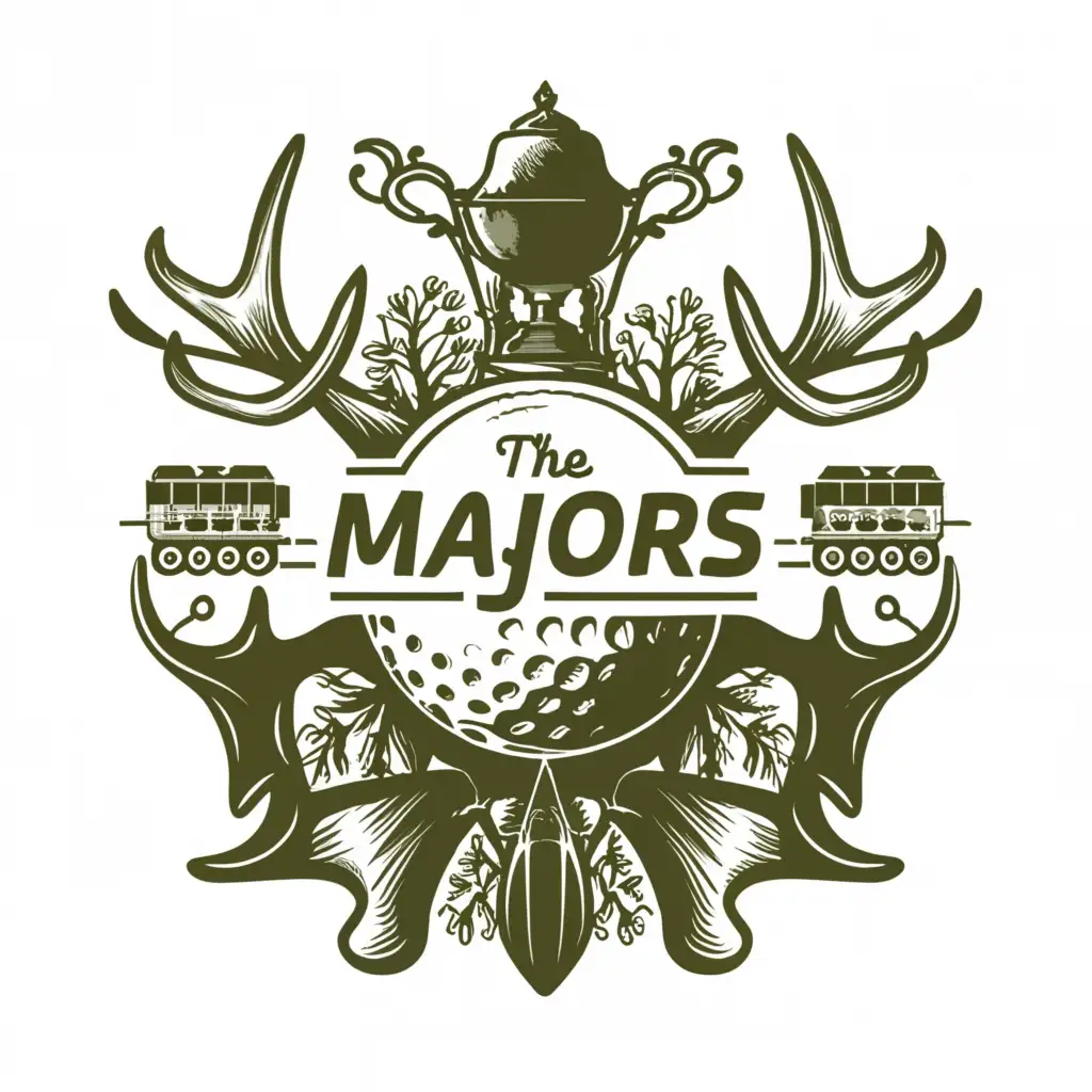a logo design,with the text 'The Majors', main symbol:Golf ball, train, leaves, antlers,complex,clear background