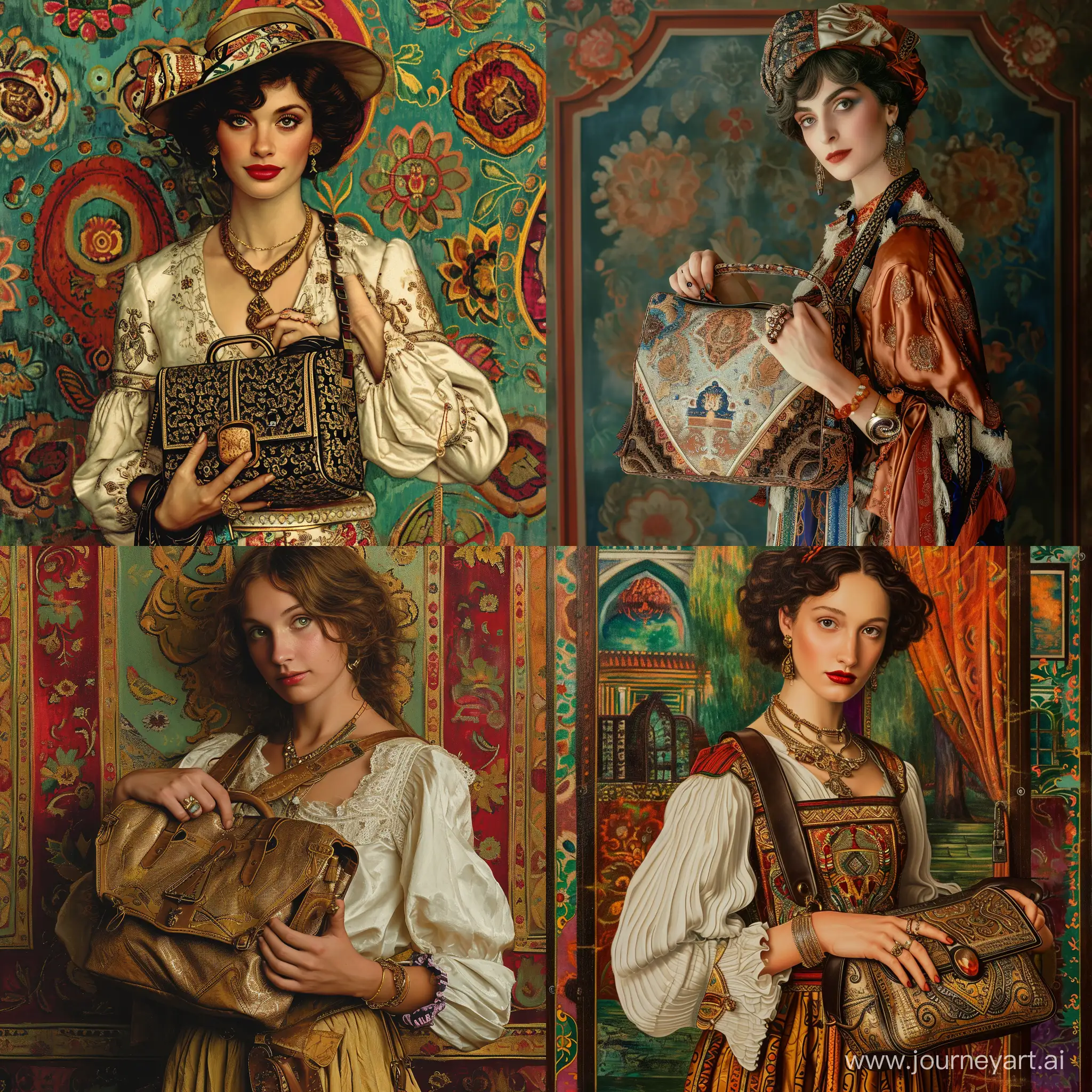 woman, 20th century, Italy, bohemian, clothes, detailed, realistic, atmospheric, vibrant background, holding an expensive bag