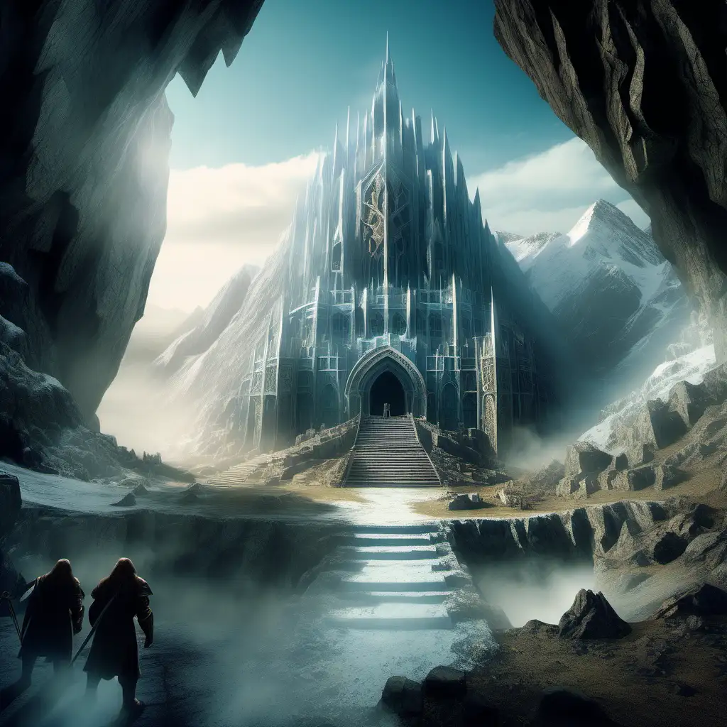 An image of a majestic dwarven kingdom digged inside a mountain like the one in the hobbit movie in the distance, misty with a very light light blue sky, in a detailed fantasy style 