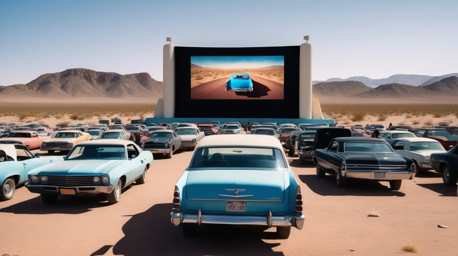 a contemporary drive-in theatre that's packed with cars watching a film on the screen featuring a young woman with blue eyes and black hair running for her life in a desert