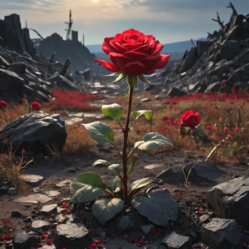 Post-apocalyptic landscape, desolation, bare ground, extreme contrast, backlight, an outstandingly beautiful red rose has grown out of black granite, ink art