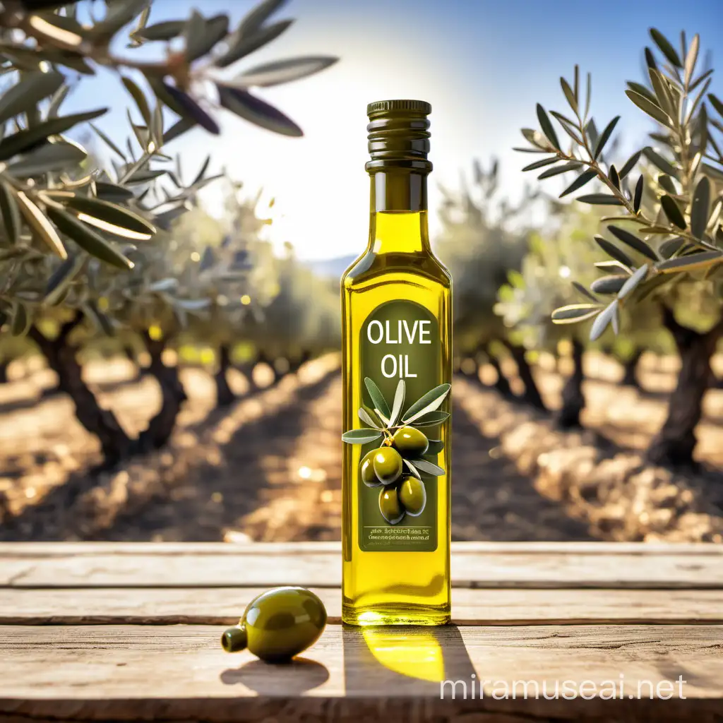 olive oil in bottle, olive grove in bacground, sun