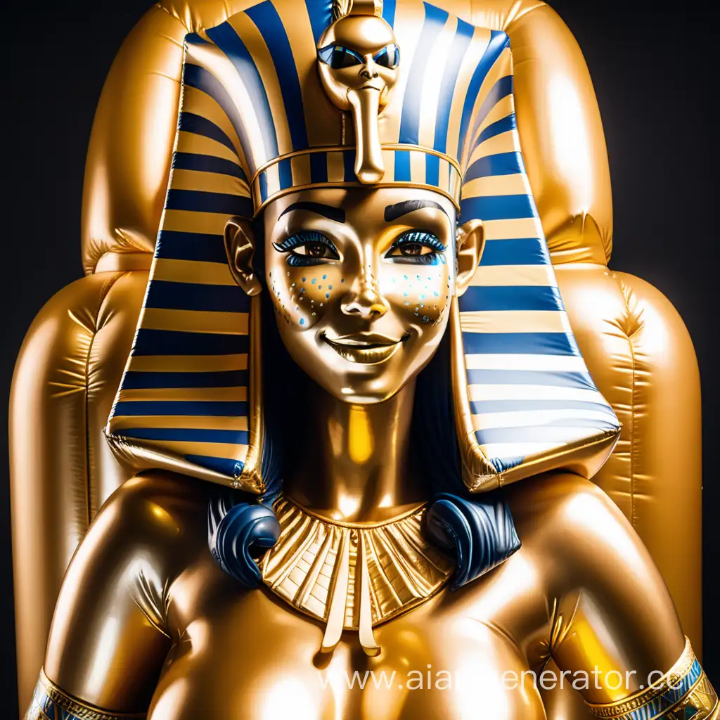 Надувная Девушка в образе саркофага фараона с золотой латексной кожей в одежде фараона улыбается с золотым латексным лицом с полностью золотым телом