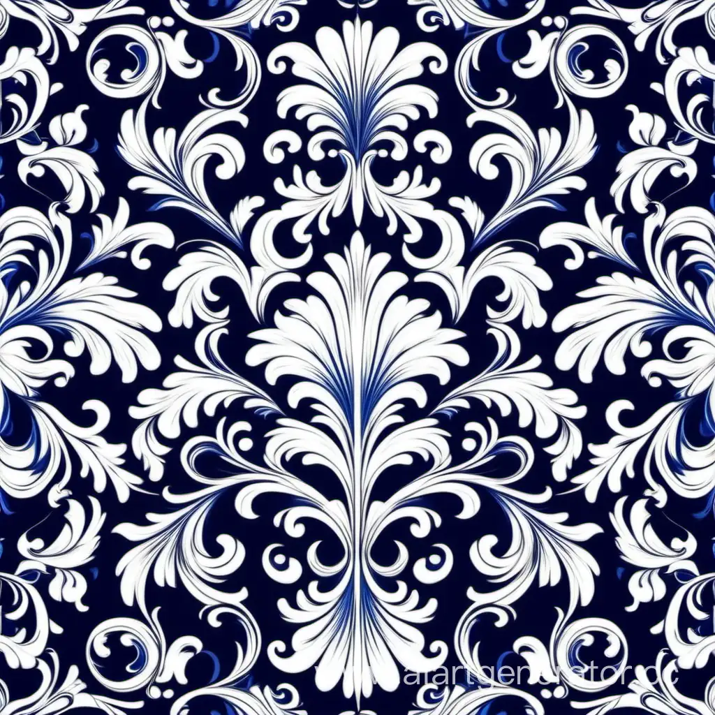 a pattern of floral, Baroque  movement, repeating pattern, white and dark bluevector illustration 